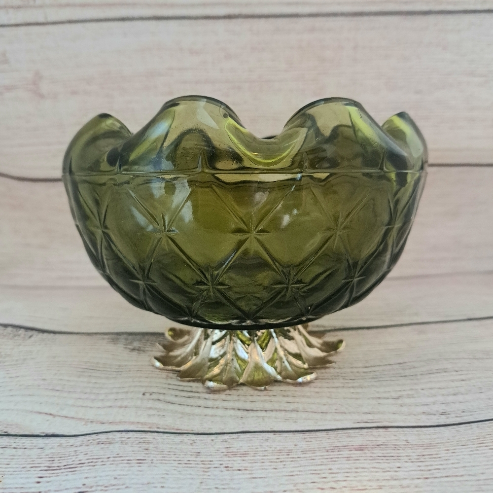 Indiana Glass Green Diamond Duette Pattern Pineapple Bowl Silver Metal Pedestal